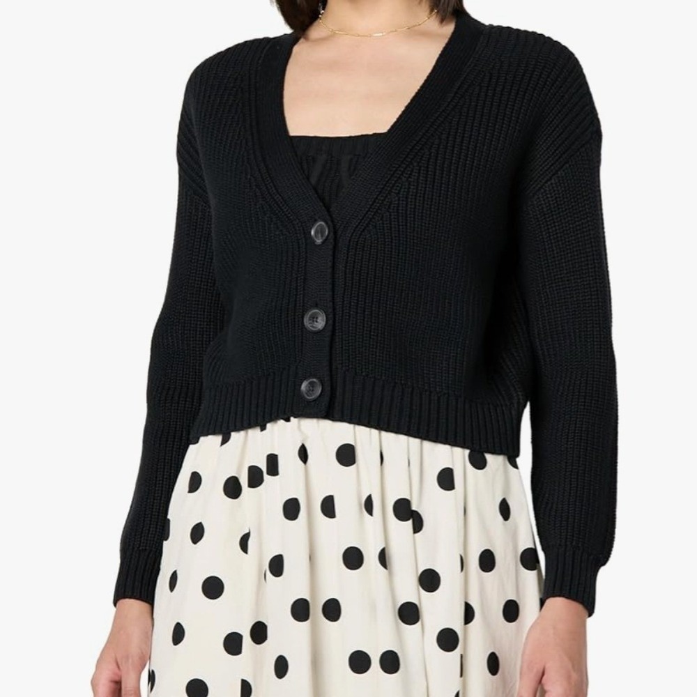 The Drop Sari Cardigan Button Front Knot Long Sleeve Cropped Black Ribbed XS New